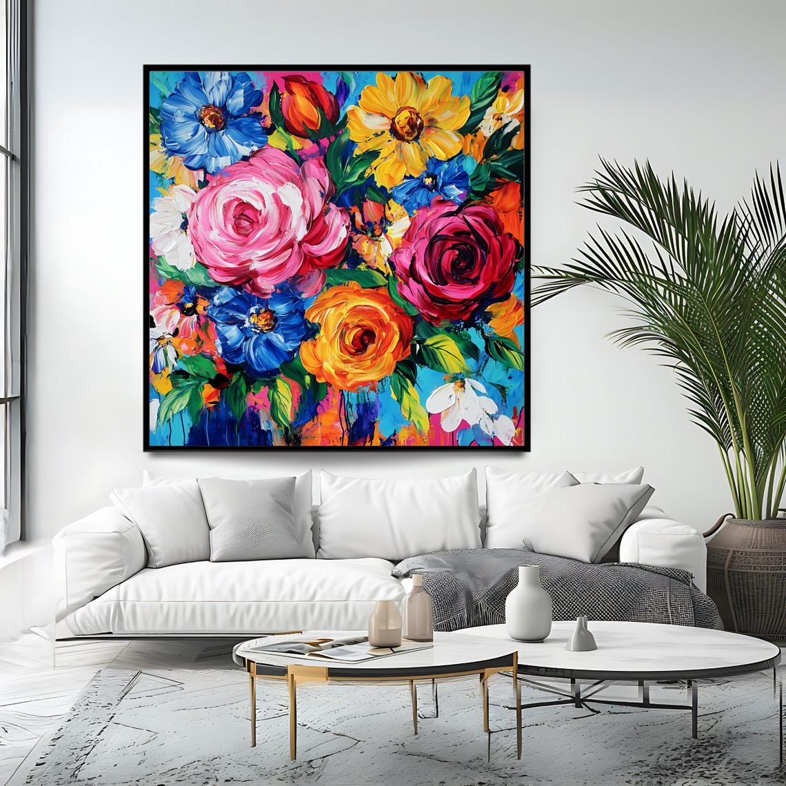 Colorful Abstract Floral Bouquet Bold Impasto Blooms Square Wall Art - Image 4