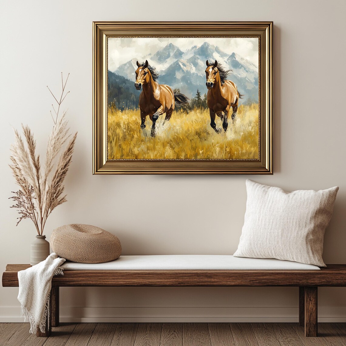 Two Horses Running Golden Field Mountain Landscape Wild Horse Poster - Image 2