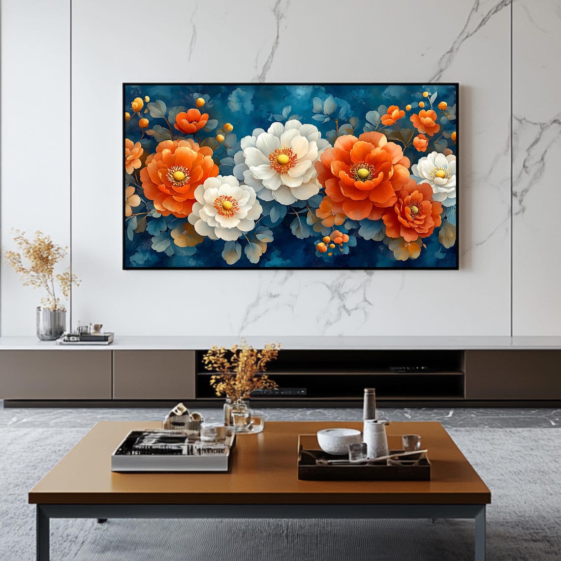 Orange And White Flowers On Deep Blue Elegant Botanical Art Poster - Image 2