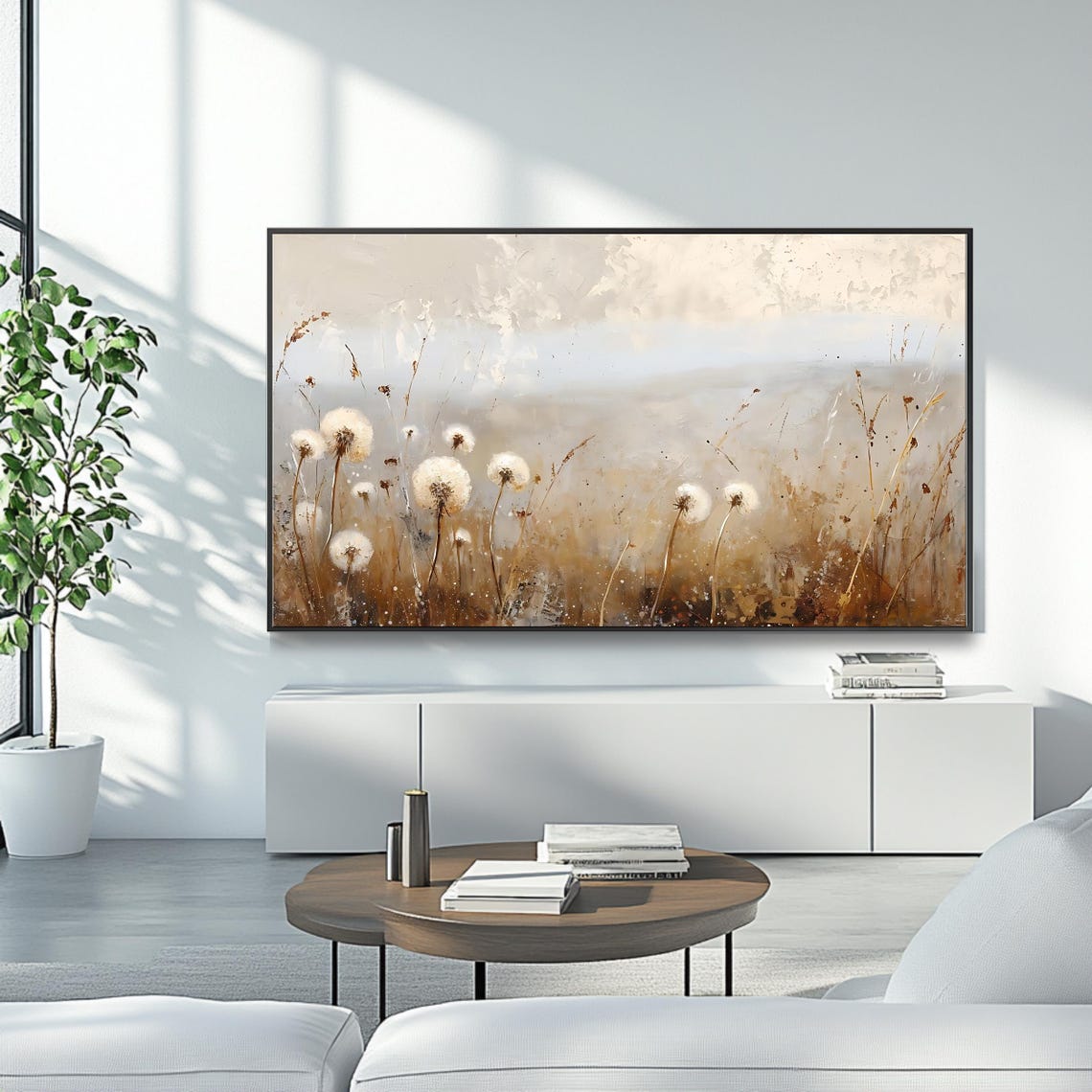 Delicate White Dandelions In Neutral Beige Field Minimalist Art Poster - Image 4