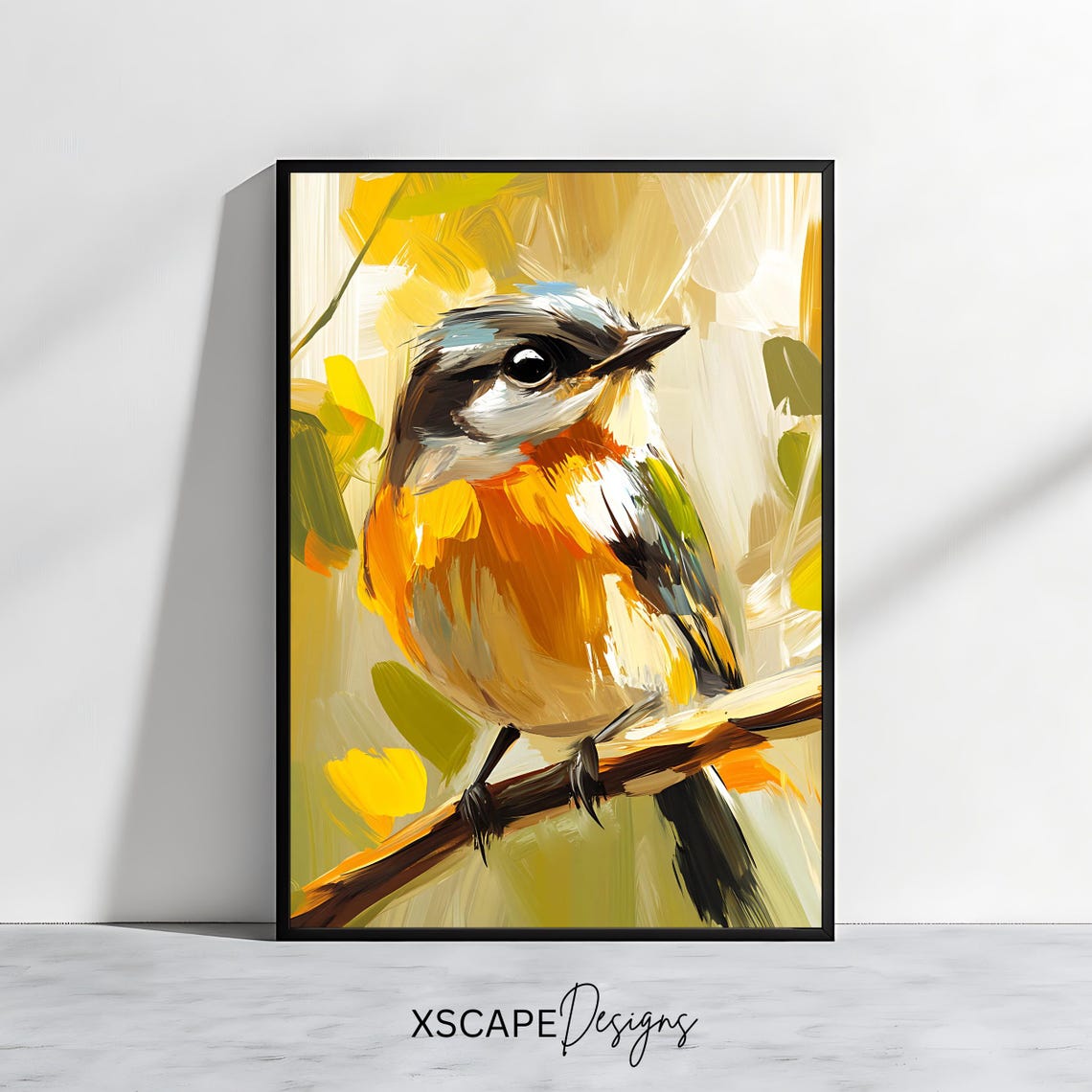 Colorful Songbird Orange Breast Perched Branch Yellow Green Wall Art