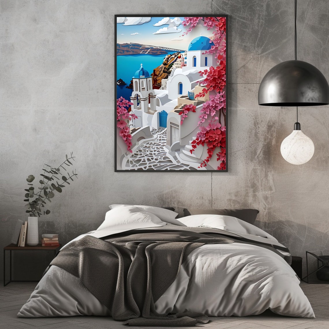 Santorini Oia Blue Dome Churches Caldera Bougainvillea Art Poster - Image 2