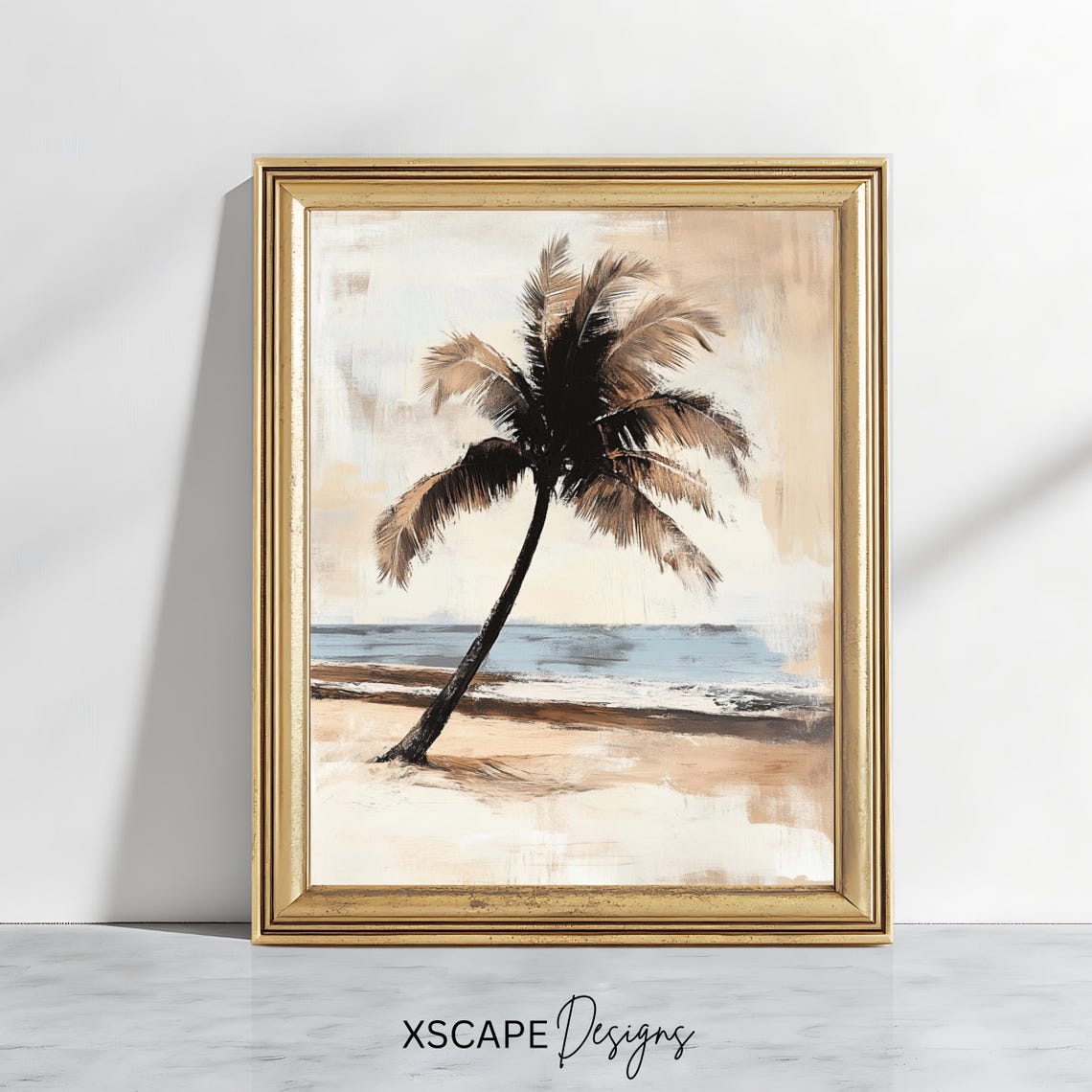 Leaning Palm Tree Neutral Beach Waves Coastal Minimalist Art Poster