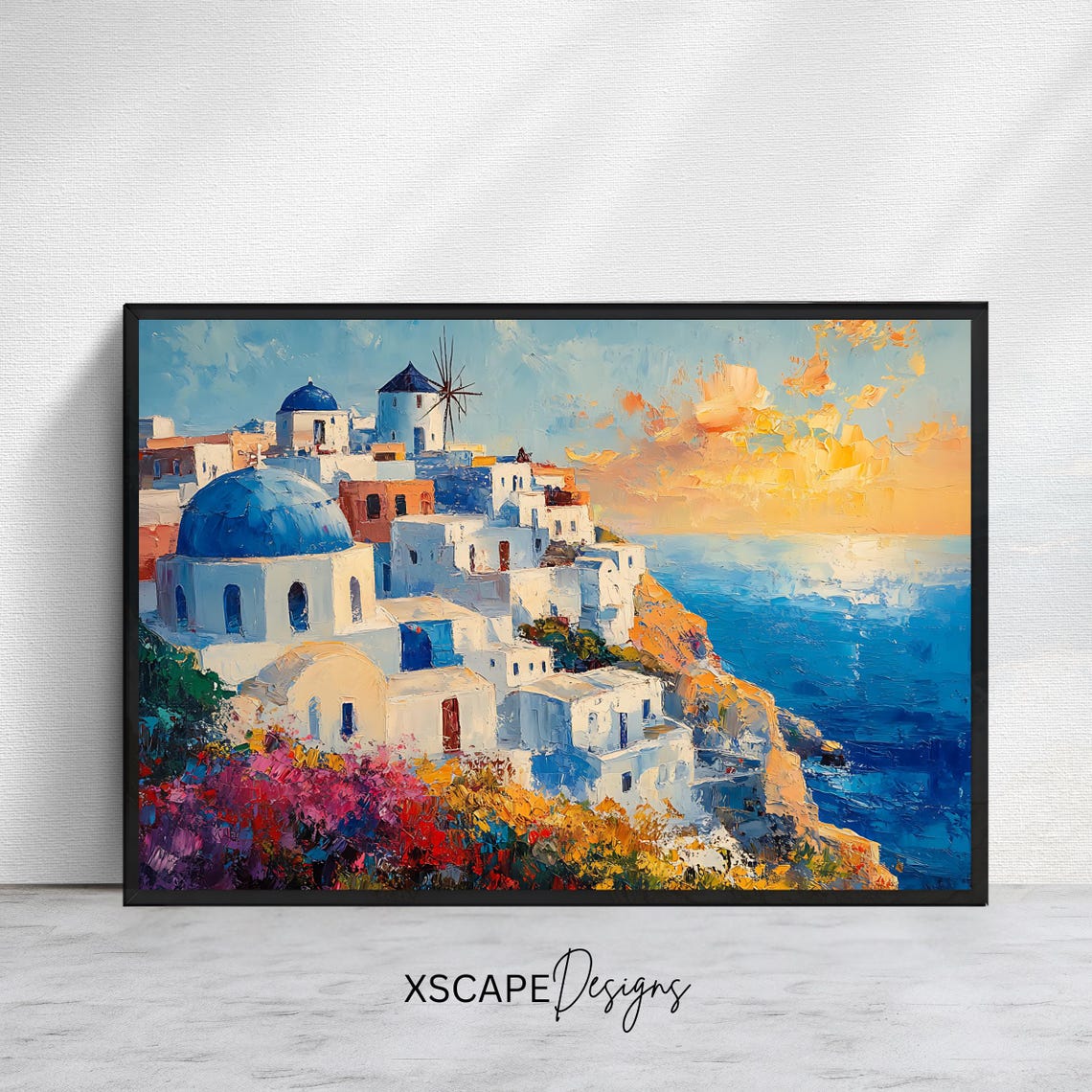 Santorini Oia Sunset Blue Domes Windmill Caldera Greece Travel Poster