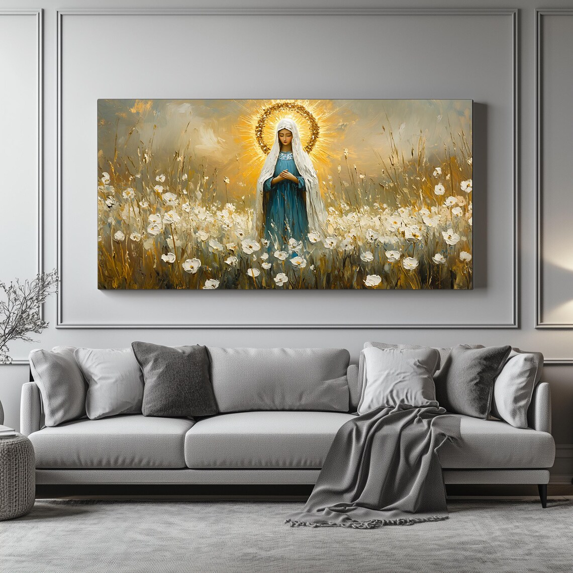 Virgin Mary White Flower Field Golden Halo Panoramic Catholic Religious Wall Art - Image 4