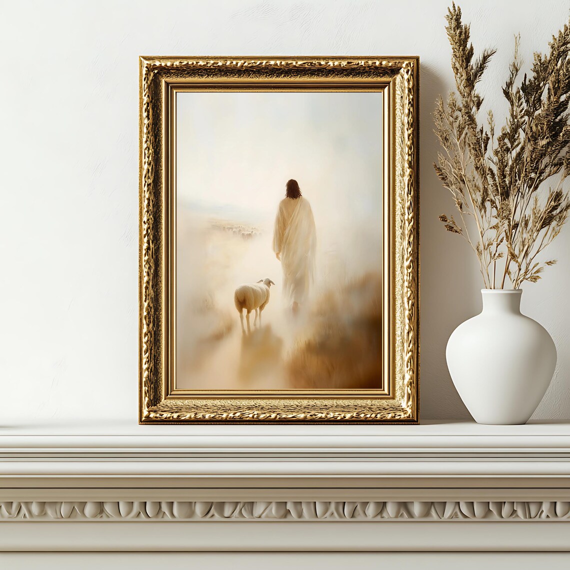 Jesus the Good Shepherd With Sheep Golden Mist Christian Faith Wall Art - Image 2