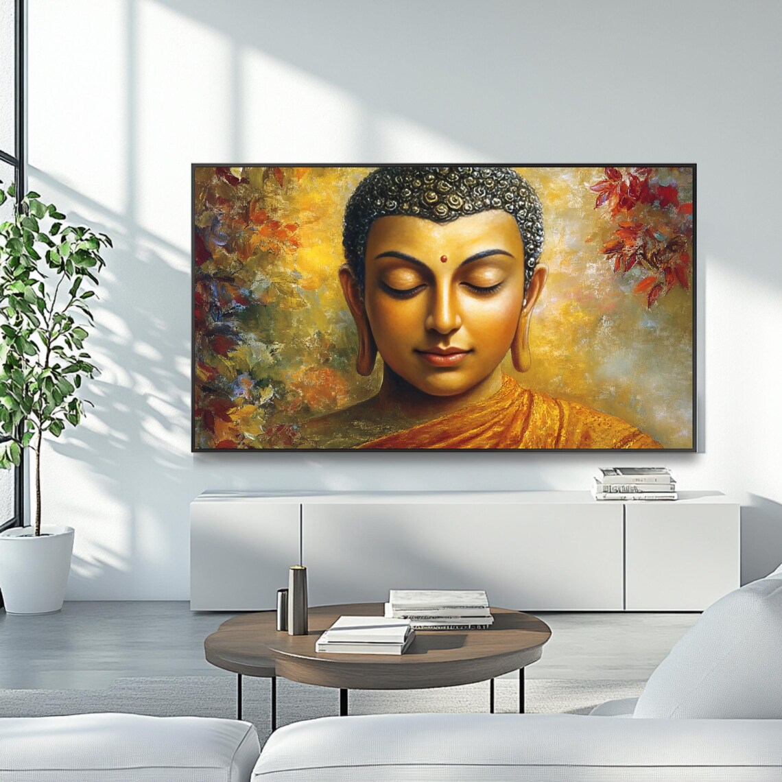 Golden Buddha Meditation Portrait Orange Robe Warm Autumn Art Poster - Image 4