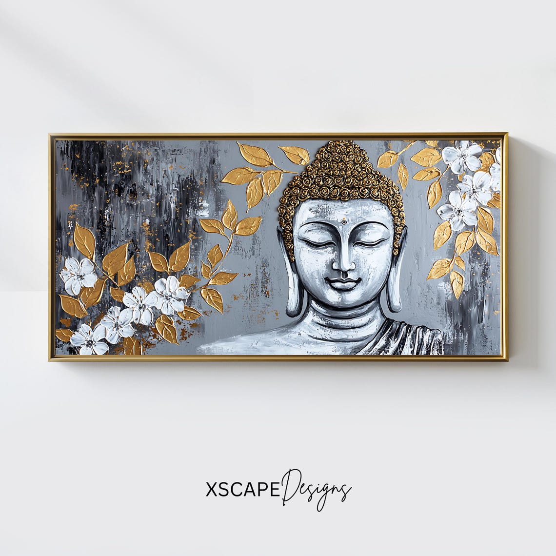 Zen Buddha Face Gold Leaves White Blossoms Gray Panoramic Wall Art
