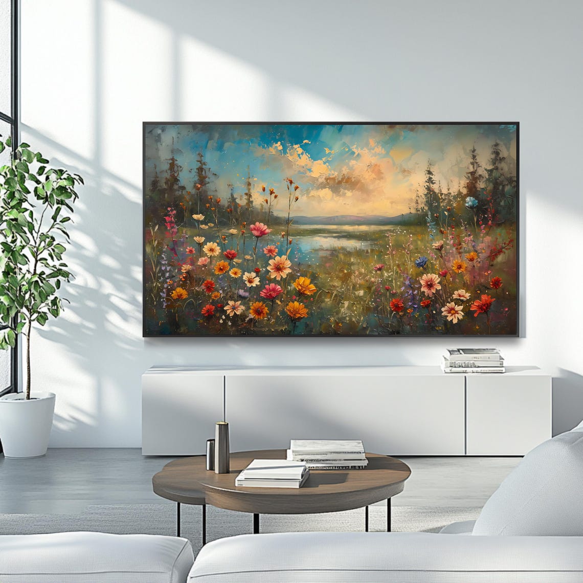 Lakeside Wildflower Meadow Sunset Nature Landscape Travel Poster - Image 4