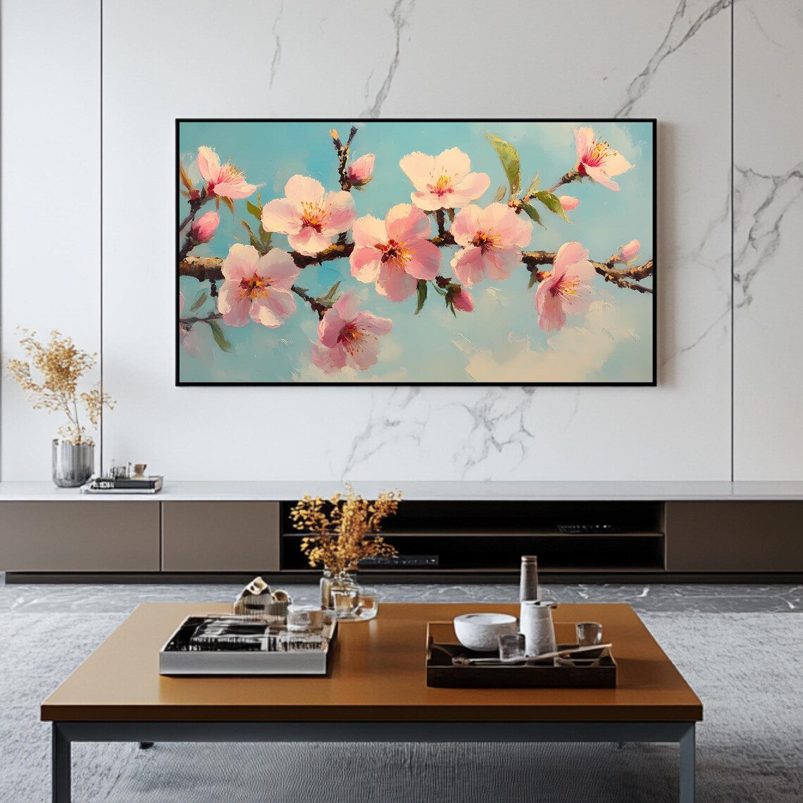Pink Spring Cherry Blossom Branches Soft Blue Sky Floral Art Poster - Image 2