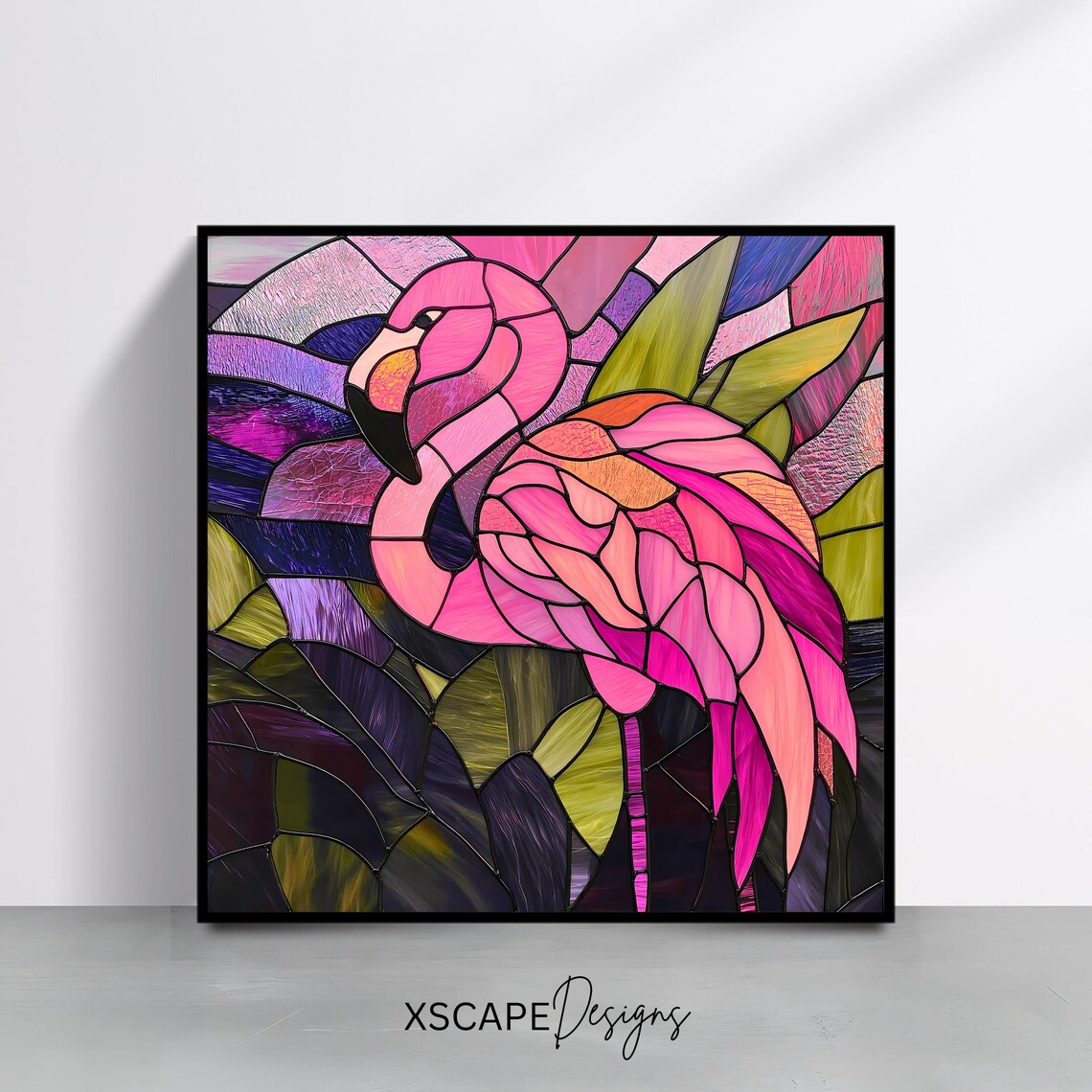 Pink Flamingo Stained Glass Art Tropical Leaves Colorful Bird Wall Art