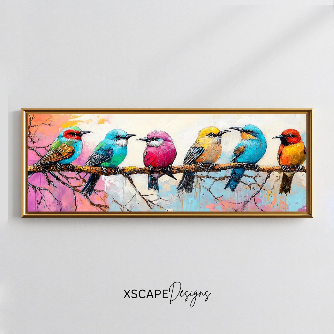 Six Colorful Birds On Branch Watercolor Panoramic Nature Bird Wall Art