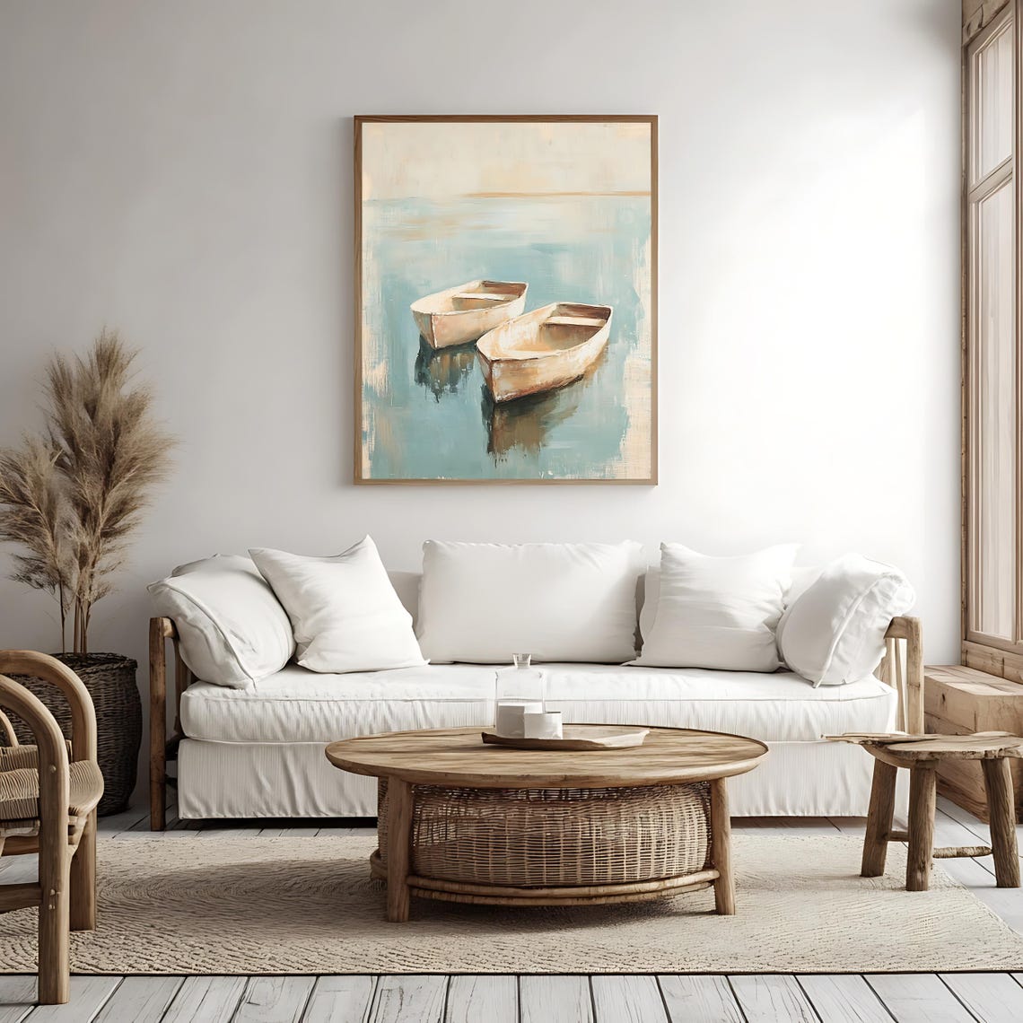 Two White Rowboats Floating on Calm Pale Blue Water Nautical Poster - Image 4