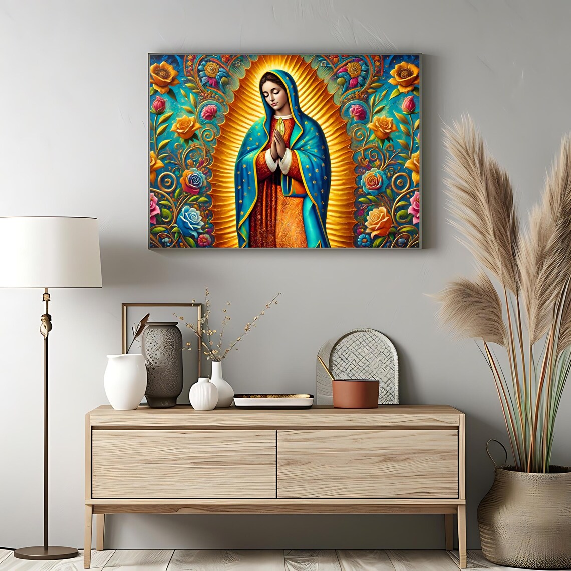 Our Lady of Guadalupe Vibrant Floral Halo Catholic Devotion Art Print - Image 3