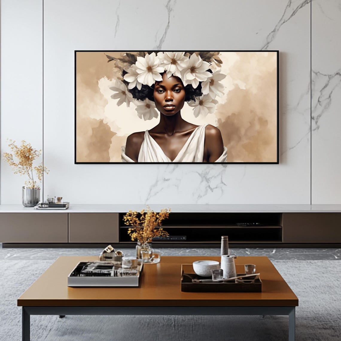 African Beauty White Flower Crown Watercolor Elegant Wall Art - Image 2