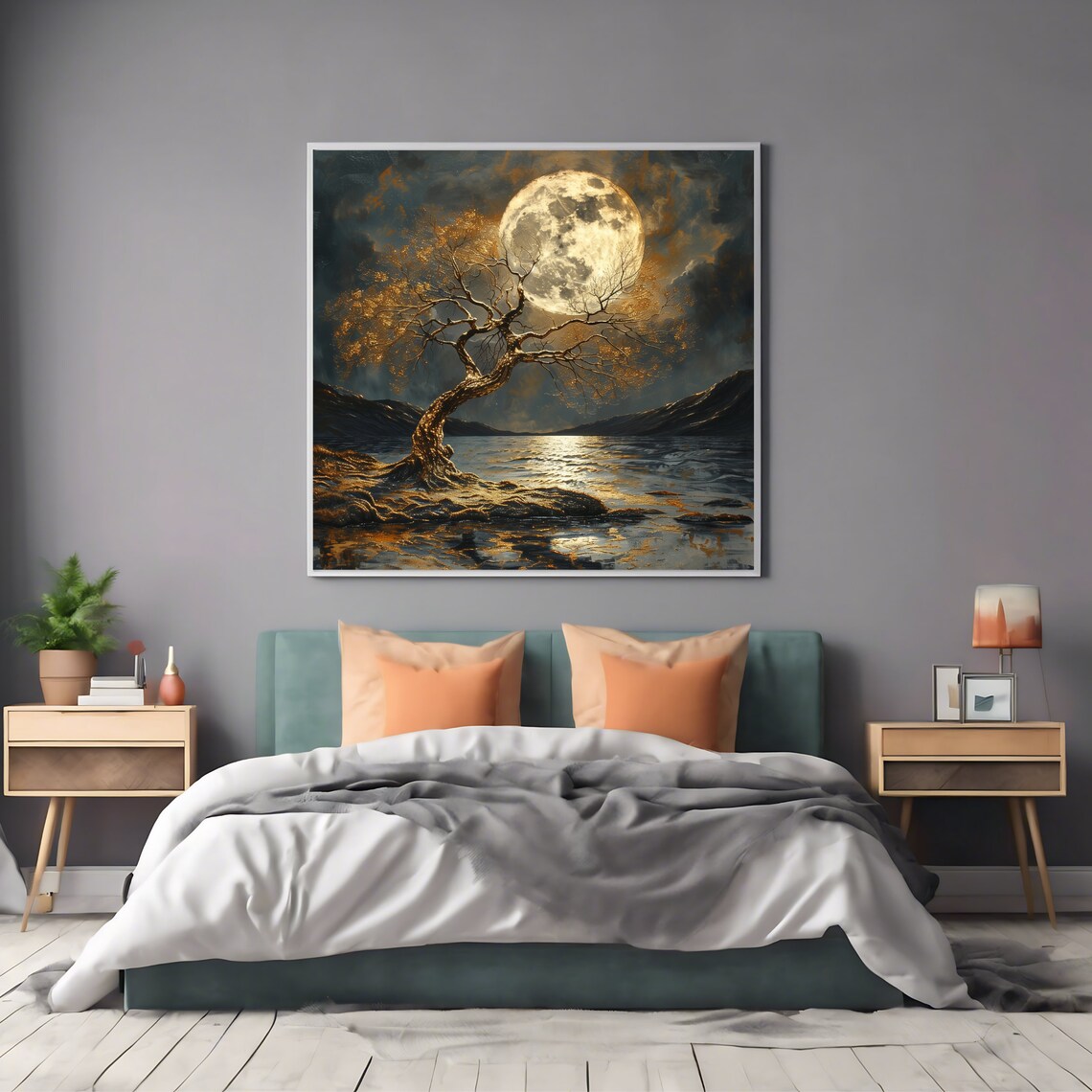 Moonlit Tree Wall Art Print Nightscape Square Artwork Poster - Image 2