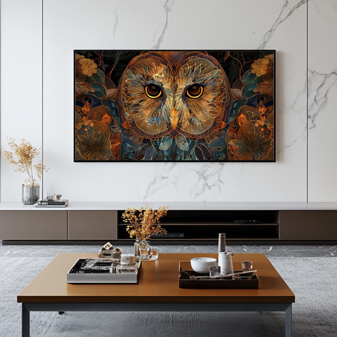 Mystical Golden Owl Art Nouveau Floral Frame TV Bird Wall Art - Image 2