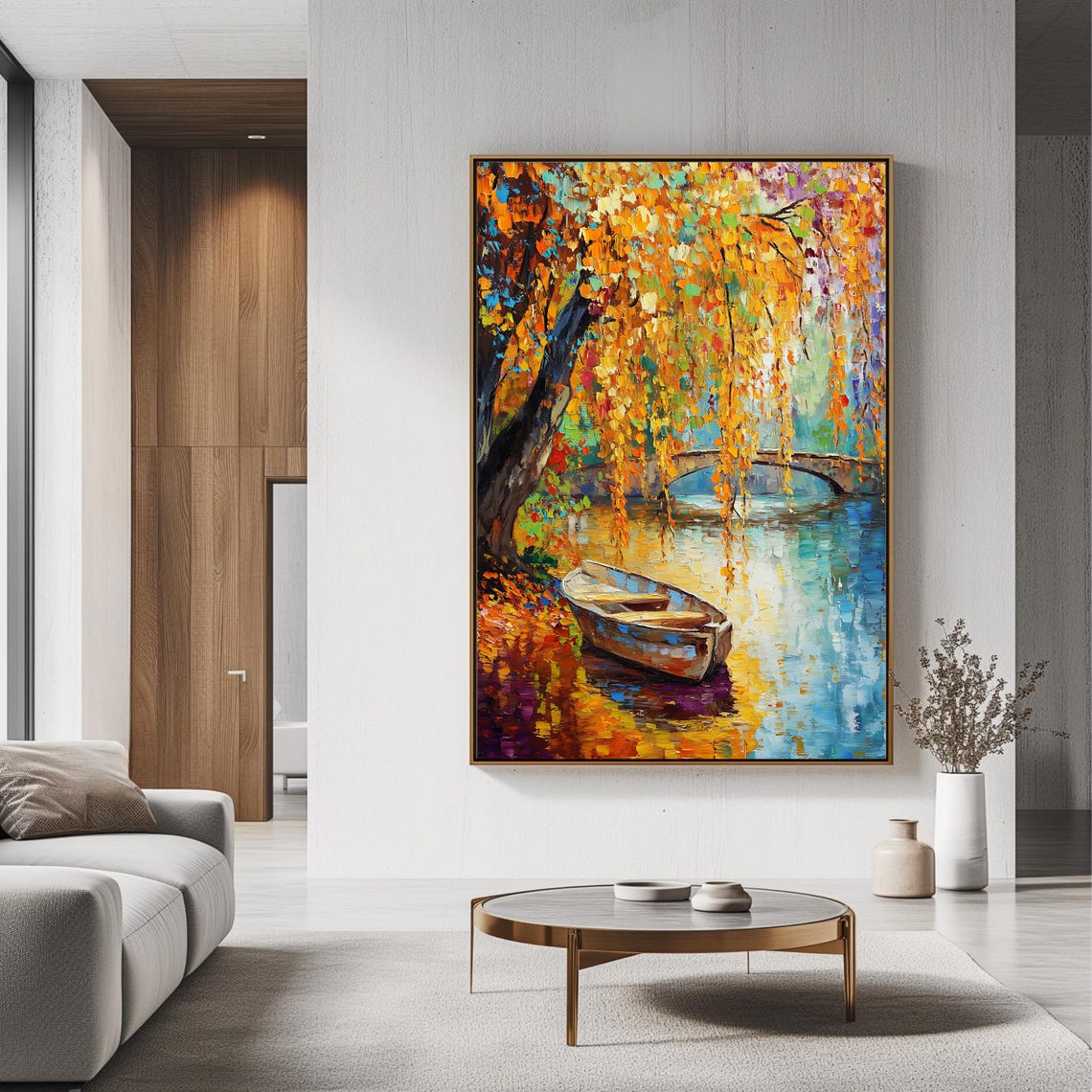 Golden Autumn Rowboat River Under Weeping Willows Bridge View Poster - Image 3