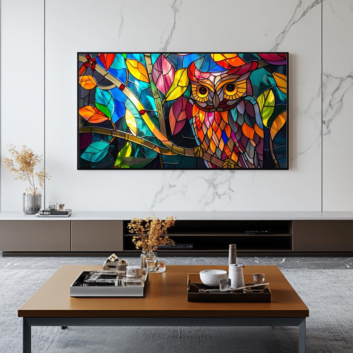 Stained Glass Owl Vibrant Colorful Mosaic Bird Painting Print - Image 2