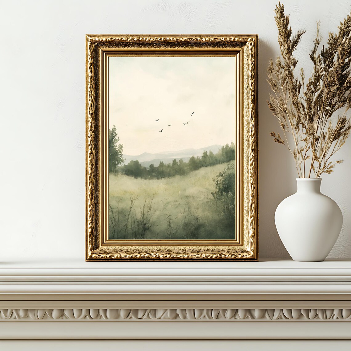 Serene Green Meadow Hills Soft Mist Birds Watercolor Nature Poster - Image 2