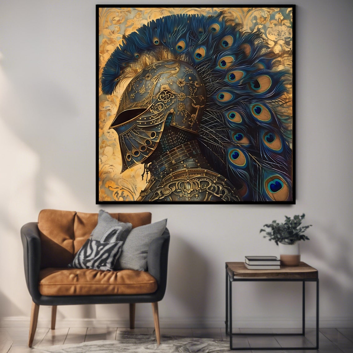 Medieval Knight Helmet Peacock Feather Plume Gold Fantasy Art Print - Image 3