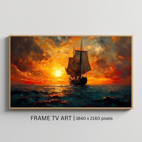 Ship At Sunset Art For Frame Tv Roku Screensaver Nautical Seascape Wall Art