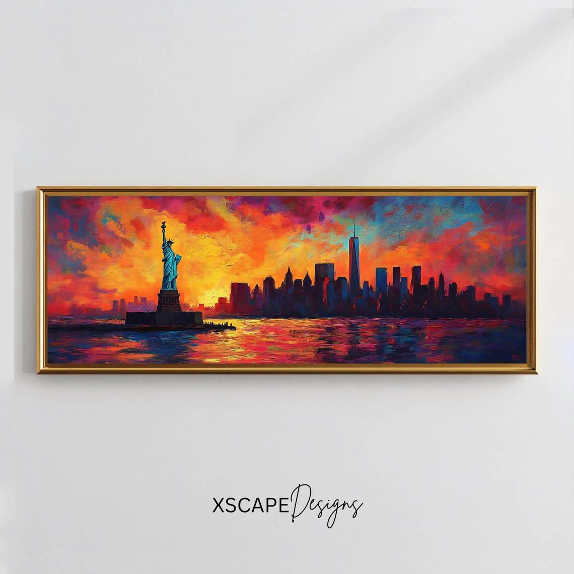 New York Skyline Statue Of Liberty Sunset Panoramic Cityscape Poster