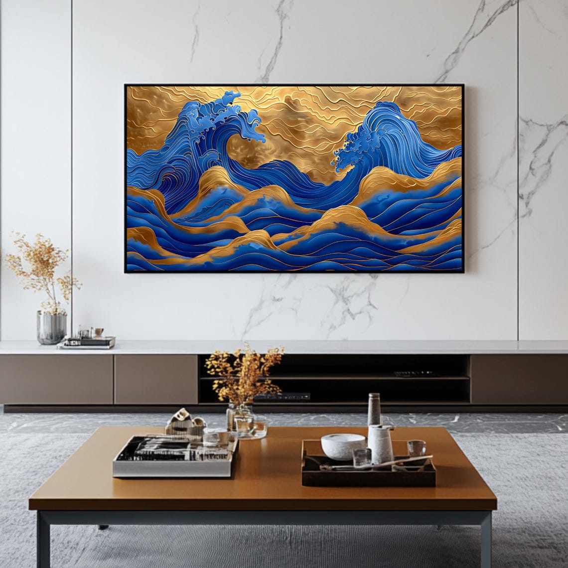 Golden Ocean Waves Abstract Blue and Gold Luxury Wall Art Poster - Image 2