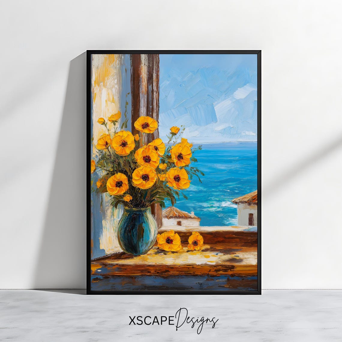 Yellow Flowers In Teal Vase Seaside Window Ocean View Coastal Poster