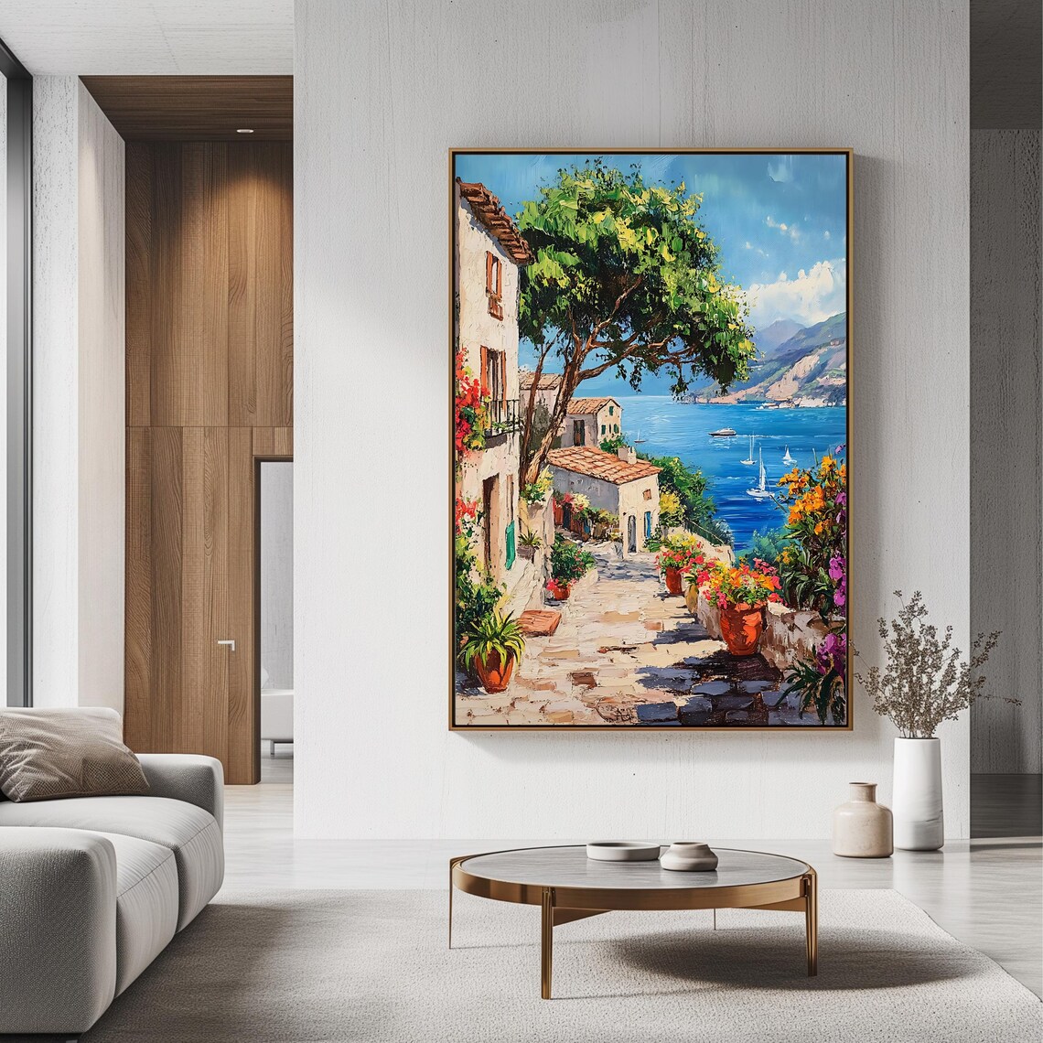 Mediterranean Coastal Village Stone Path Sea Sailboats Oil Art Poster - Image 3