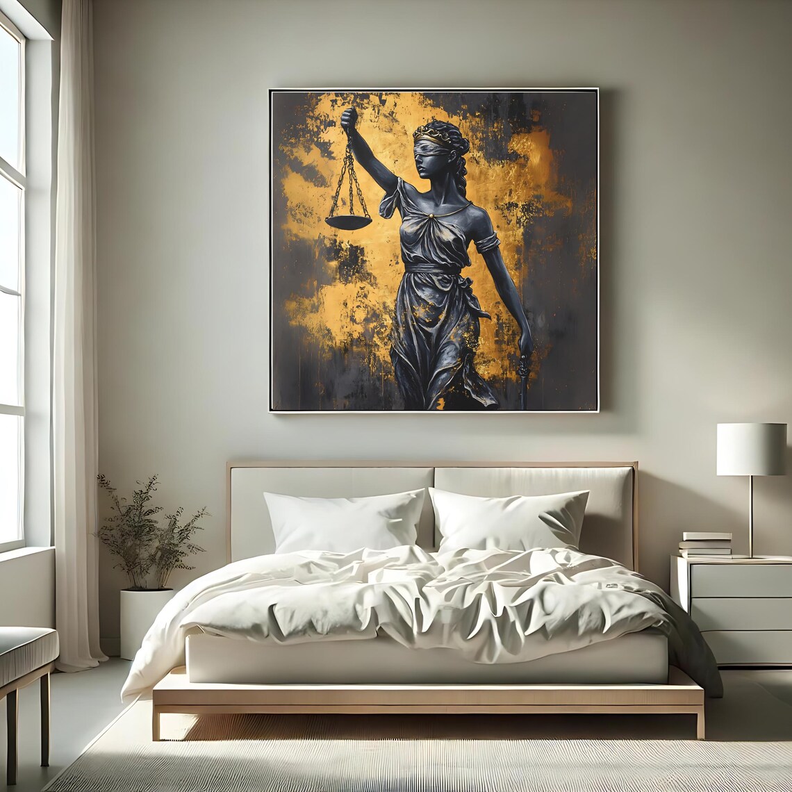 Lady Justice Black And Gold Statue Blindfold Scales Dramatic Wall Art Poster - Image 2