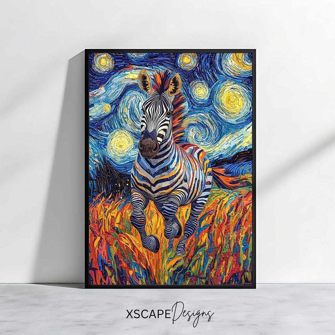 Zebra Starry Night Swirling Sky Colorful Modern Safari Animal Art Print