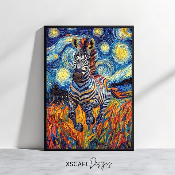Zebra Starry Night Swirling Sky Colorful Modern Safari Animal Art Print