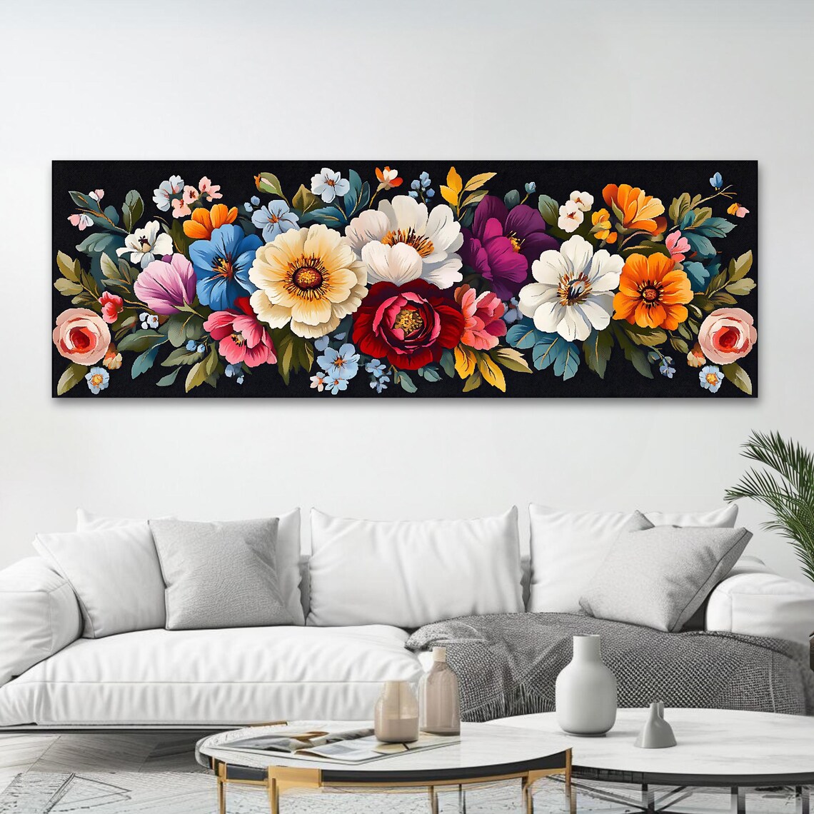 Dark Floral Still Life Peonies Black Background Panoramic Art Poster - Image 4