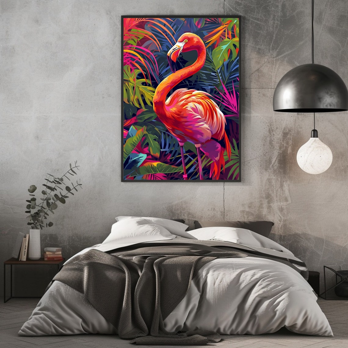 Pink Flamingo Neon Tropical Jungle Foliage Vibrant Wildlife Art Poster - Image 2