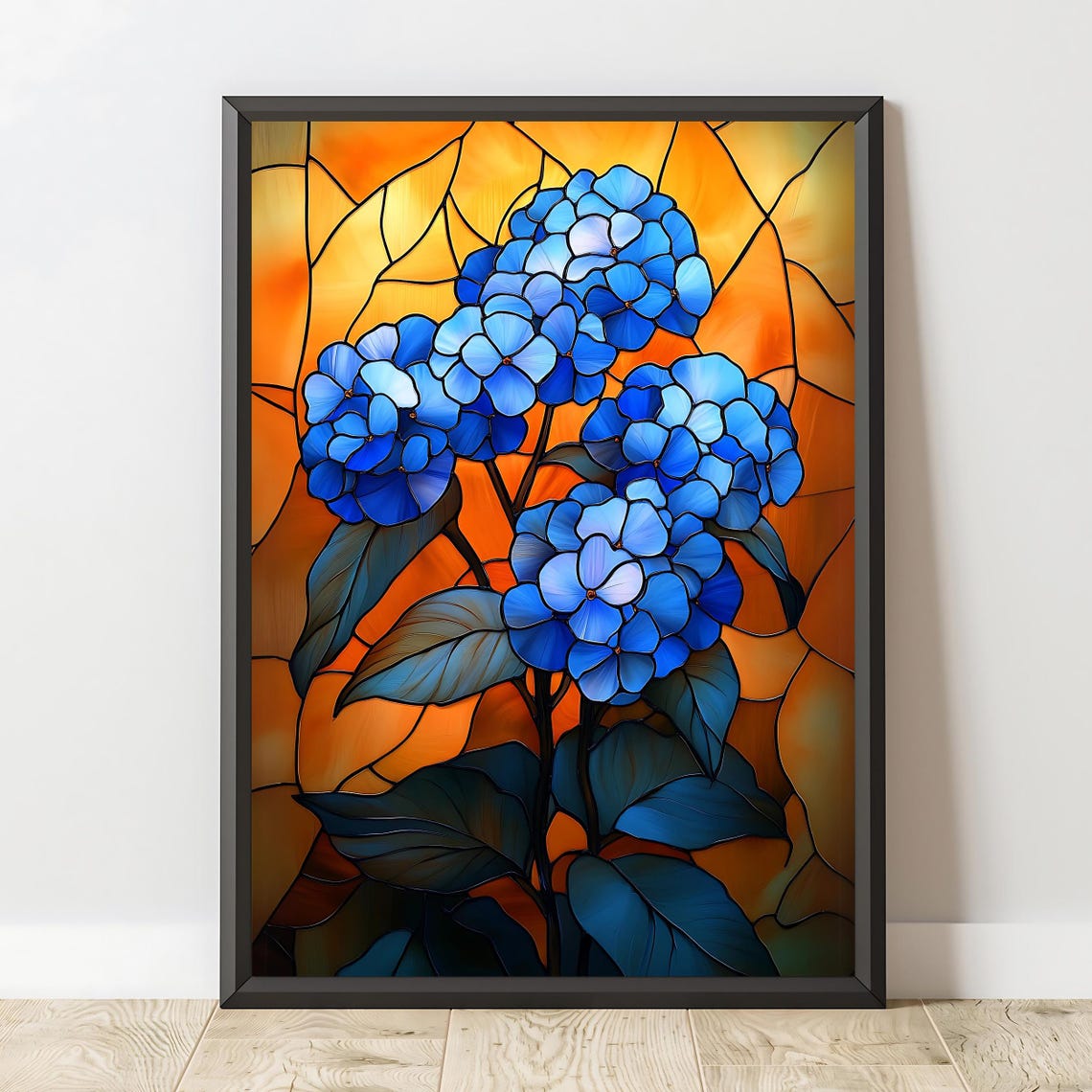Blue Hydrangea Blossom Stained Glass Art Window Floral Wall Poster - Image 2