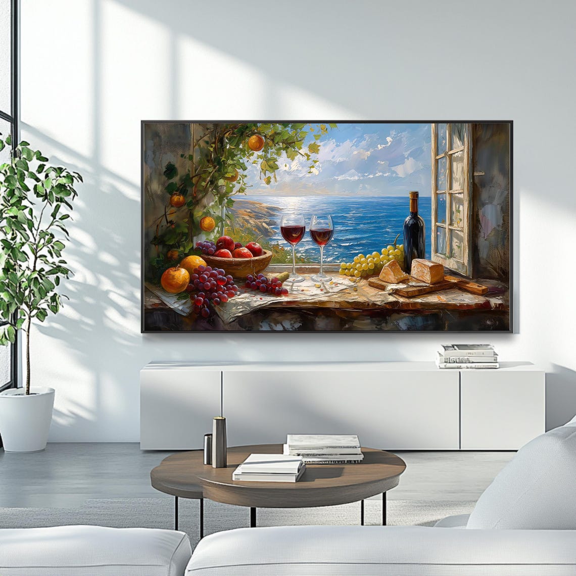 Mediterranean Window Sea View Wine Cheese Still Life Coastal Poster - Image 4