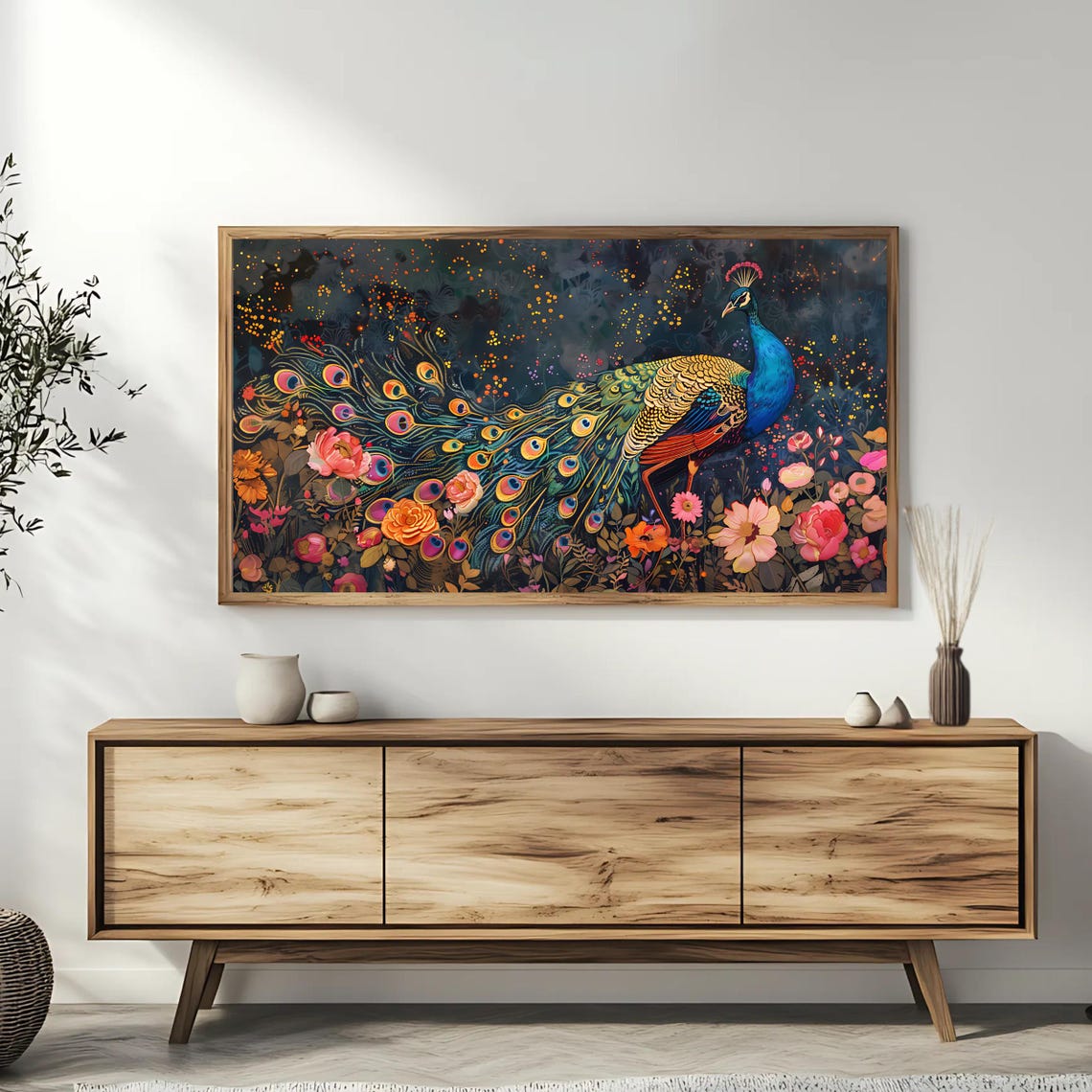 Elegant Peacock in Blooming Garden Night Lights Floral Wall Art - Image 3