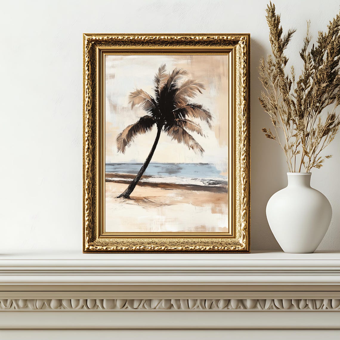 Leaning Palm Tree Neutral Beach Waves Coastal Minimalist Art Poster - Image 2