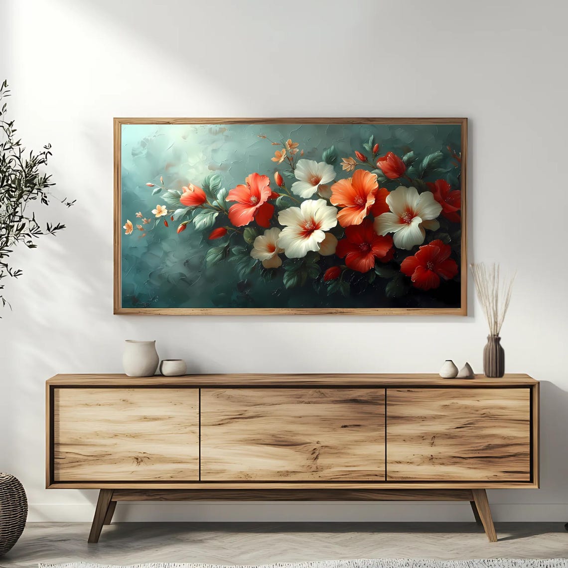 Elegant Hibiscus Bouquet Red White Orange Teal Floral Poster - Image 3