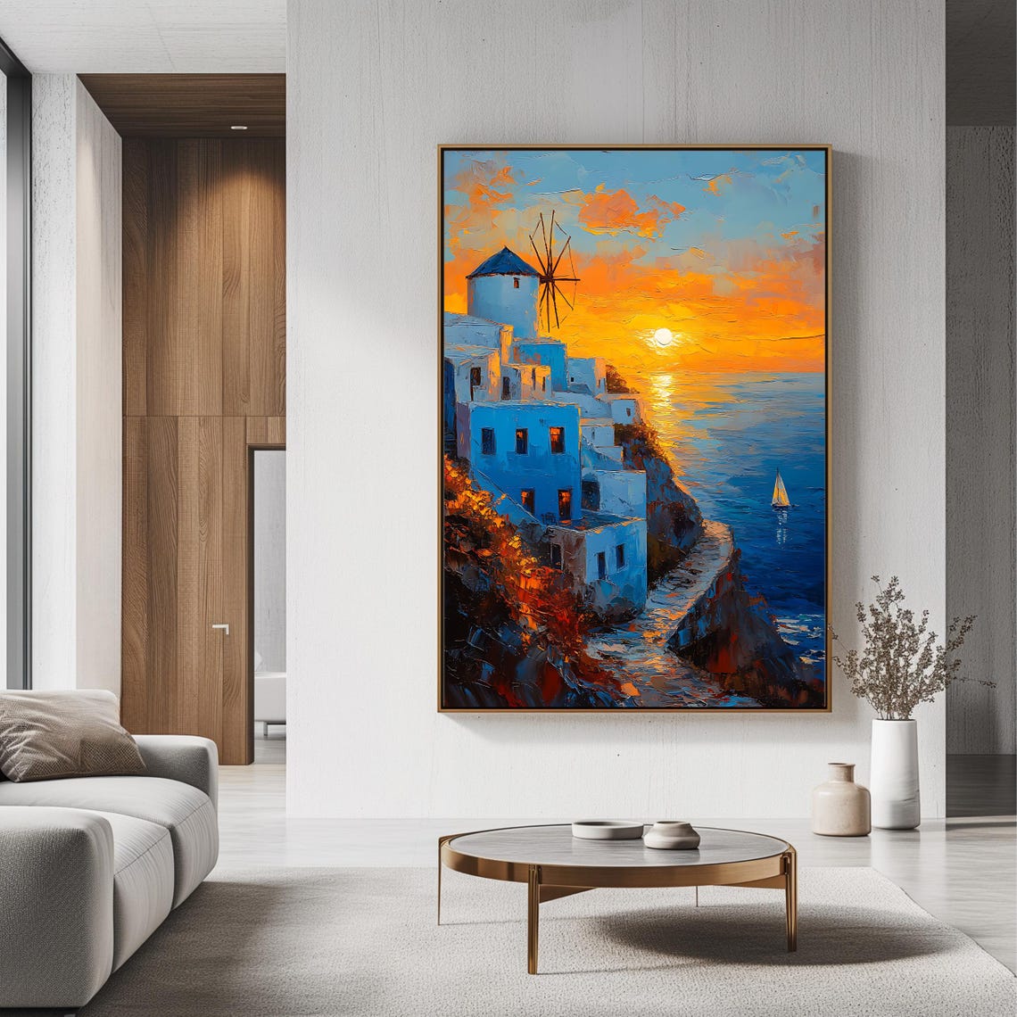 Santorini Windmill Sunset Cliff White Buildings Greek Island Poster - Image 3