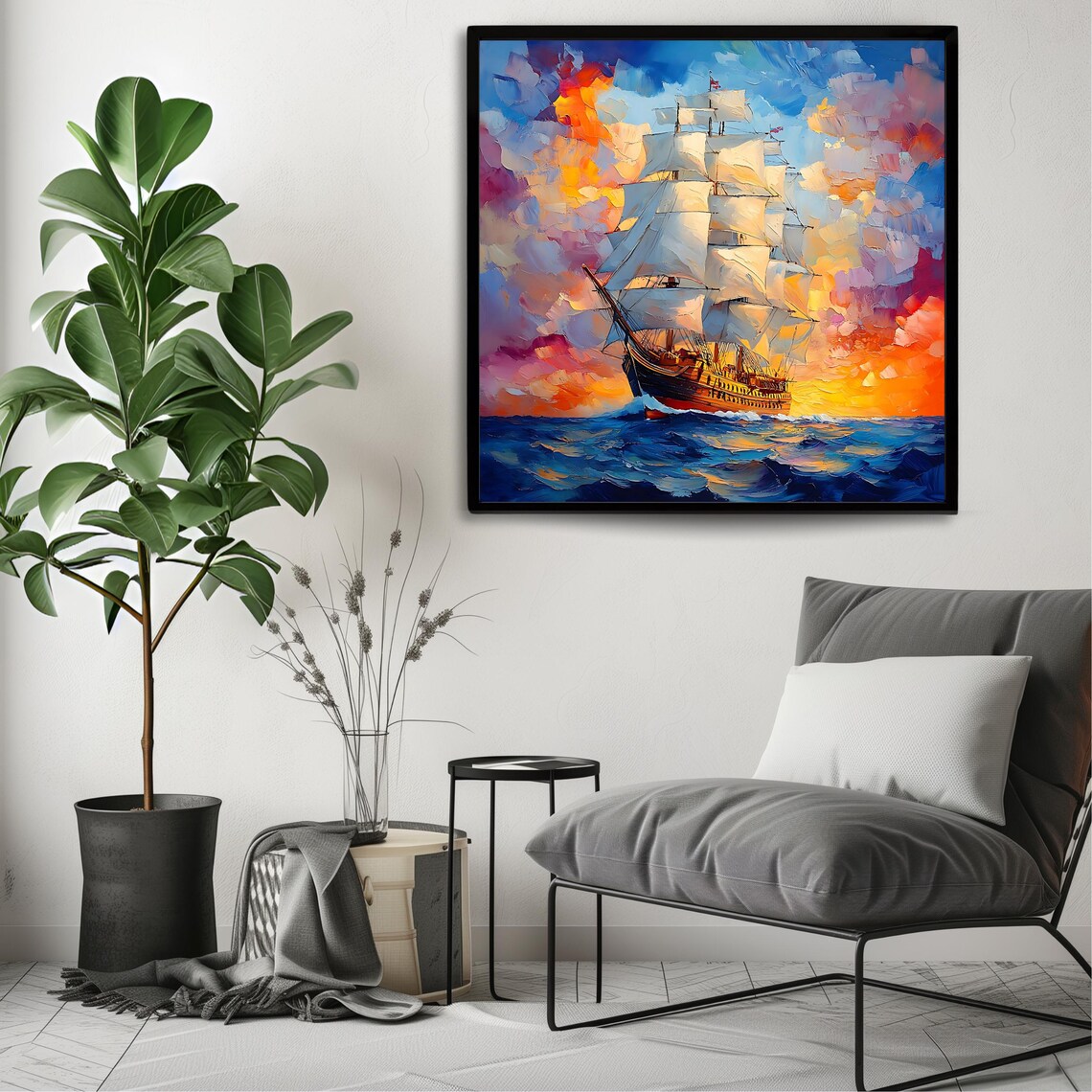 Sunset Sailing Ship Wall Art Print Vibrant Nautical Artwork Square Ocean Decor Abstract Seascape Painting - Image 3