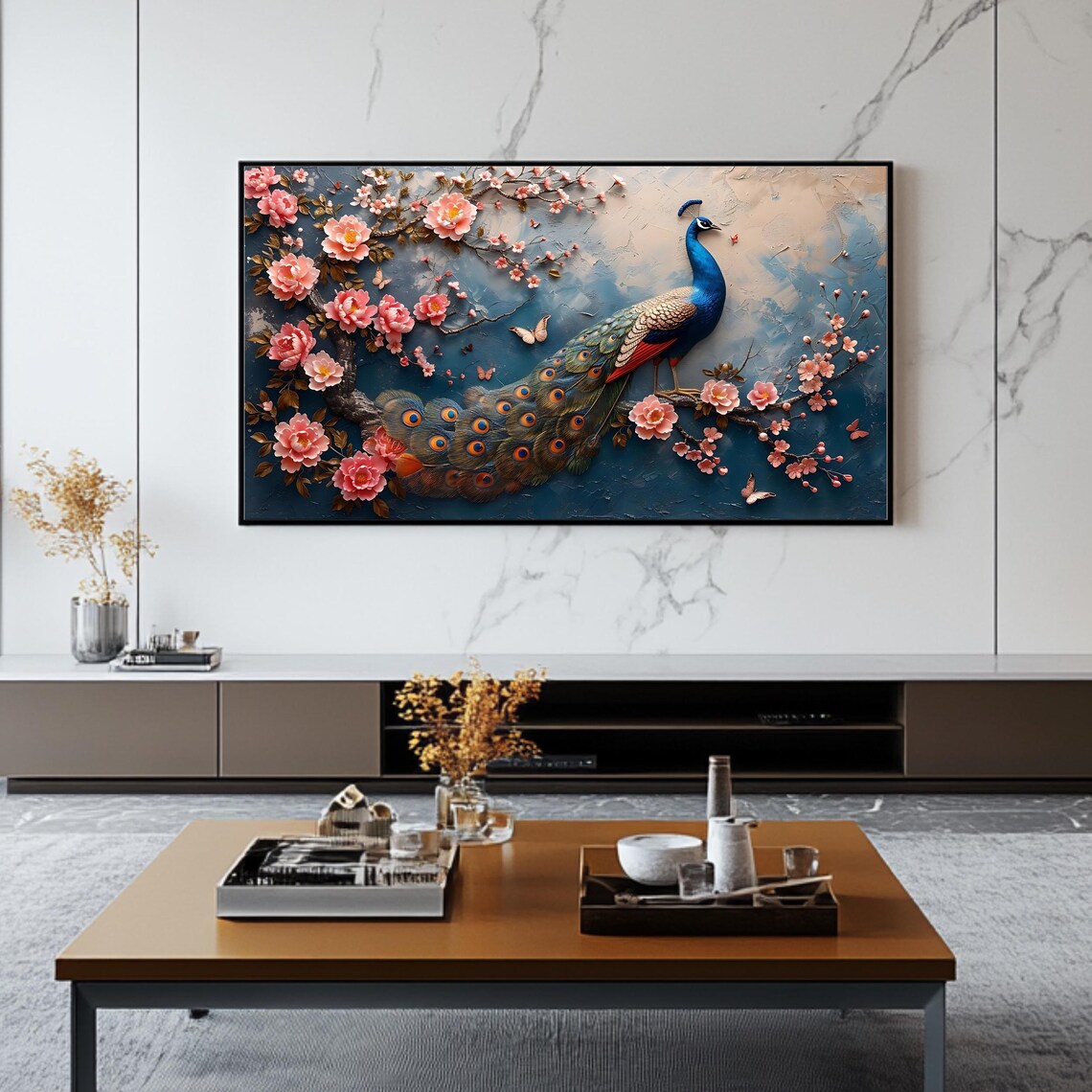 Elegant Peacock Blossom Branch Butterflies Blue Floral Poster - Image 2