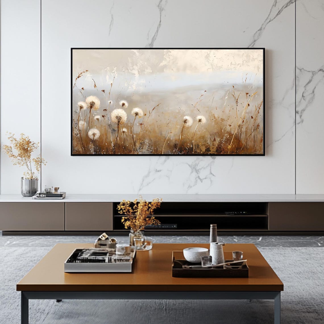 Delicate White Dandelions In Neutral Beige Field Minimalist Art Poster - Image 2
