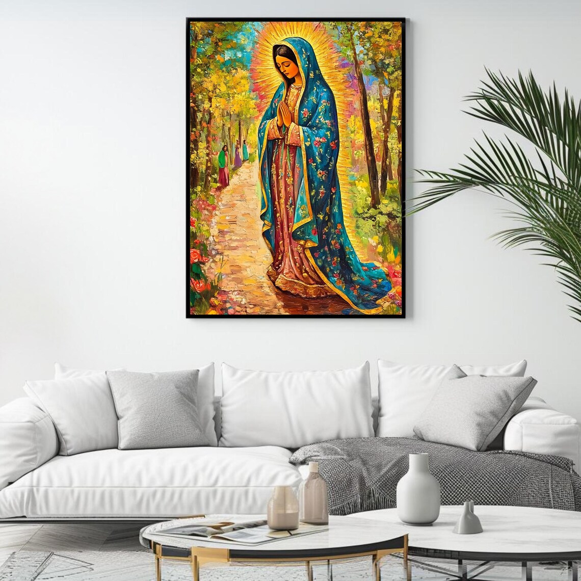 Our Lady of Guadalupe Praying on Forest Path Colorful Poster - Image 4