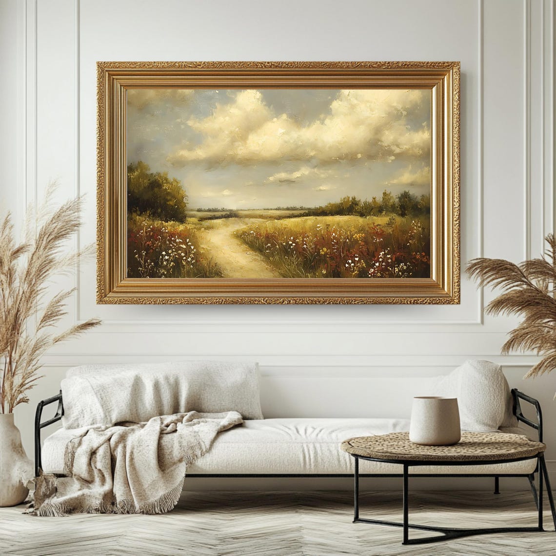 Country Dirt Path Wildflower Field Cloudy Sky Rural Meadow Wall Art - Image 4