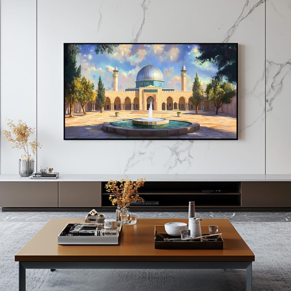 Al Aqsa Mosque Courtyard Fountain Minarets Blue Sky Painting Poster - Image 2