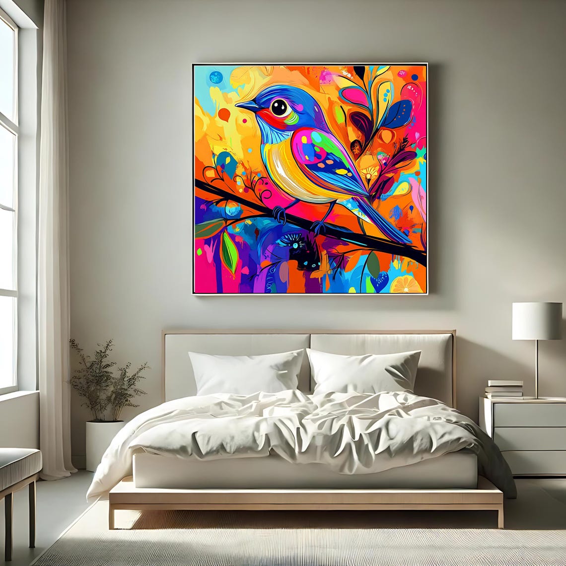 Rainbow Songbird On Branch Explosive Colorful Abstract Bird Art Poster - Image 2