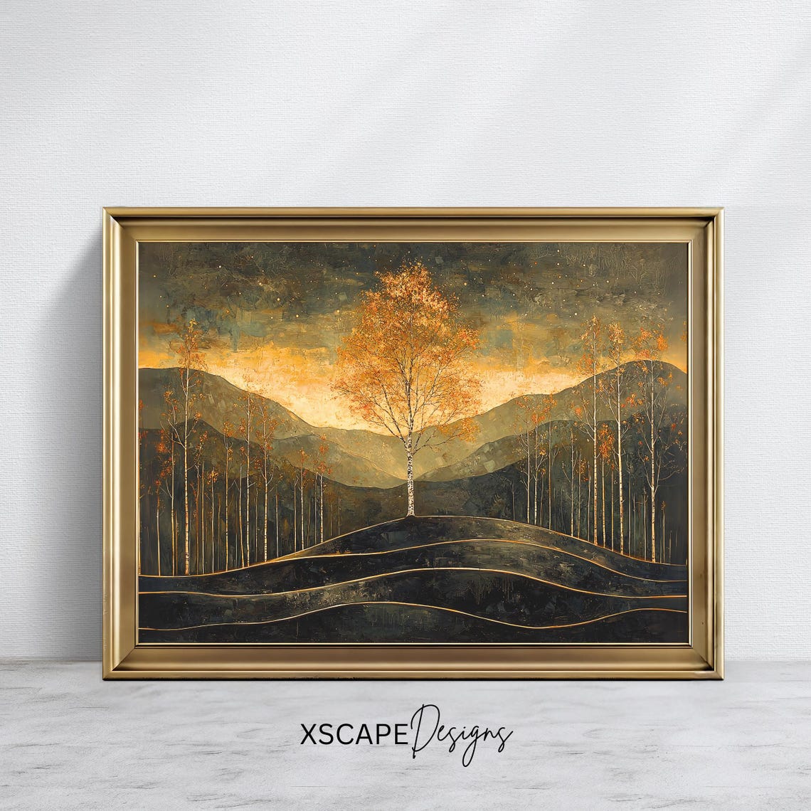 Golden Autumn Birch Trees Starry Dusk Mountain Landscape Art Poster