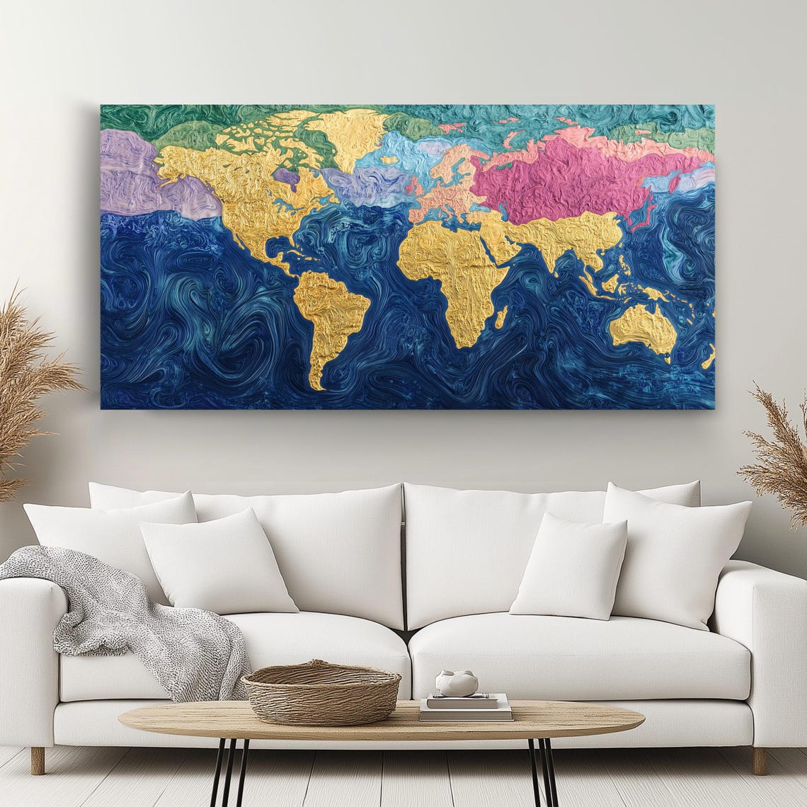Textured Gold World Map Blue Marble Ocean Panoramic Travel Poster - Image 2